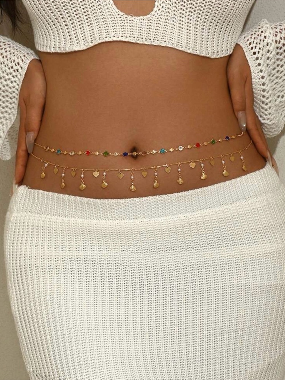 Gold Double Layer Rainbow Beaded & Charm Waist Chain